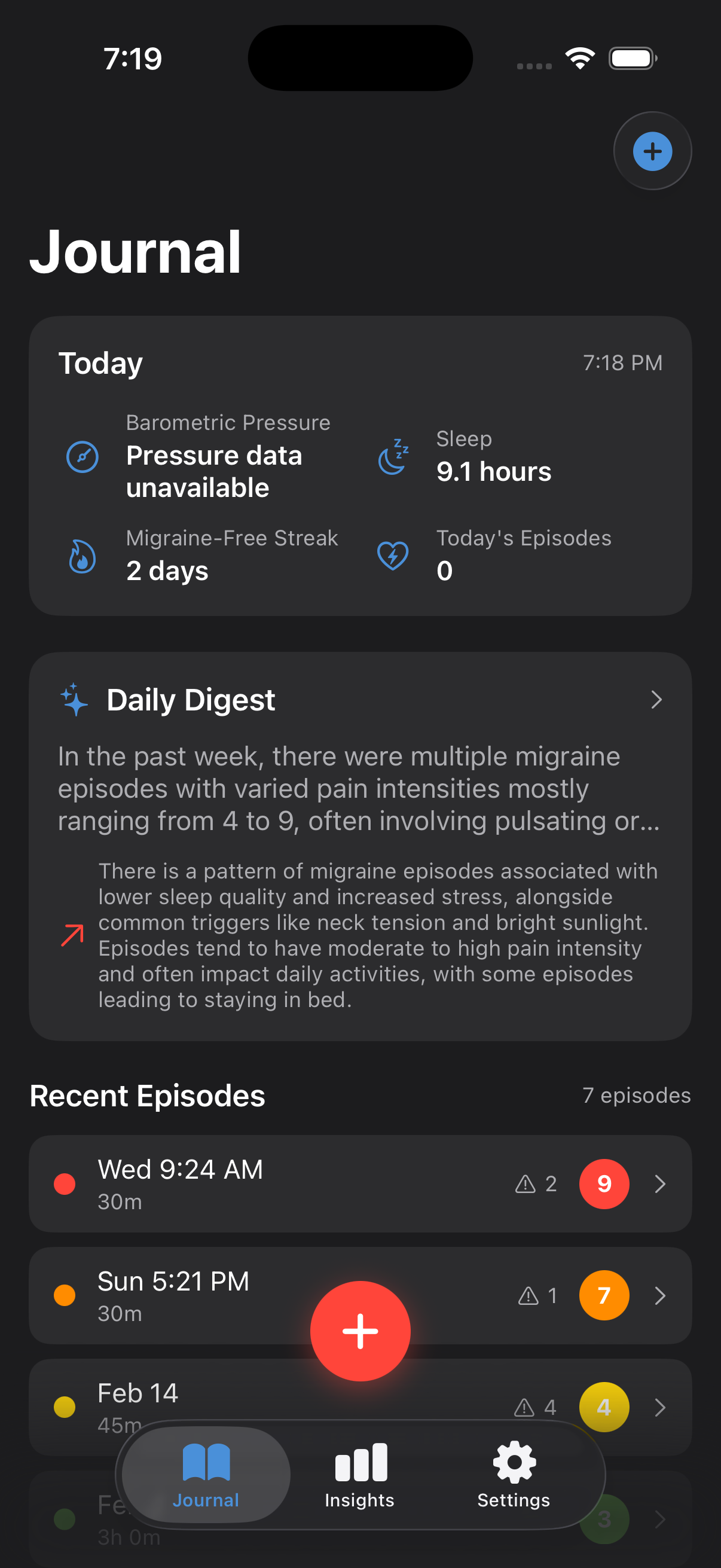 Migraine Journal - Daily digest with weather, sleep, and recent episodes