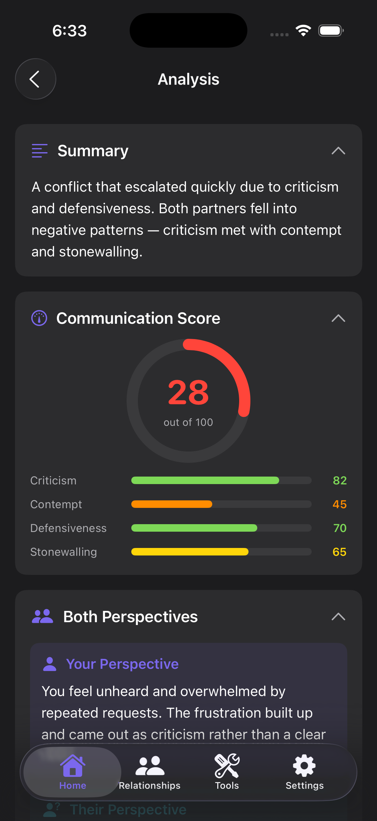 RelAI Analysis - Communication score, summary, and both perspectives breakdown