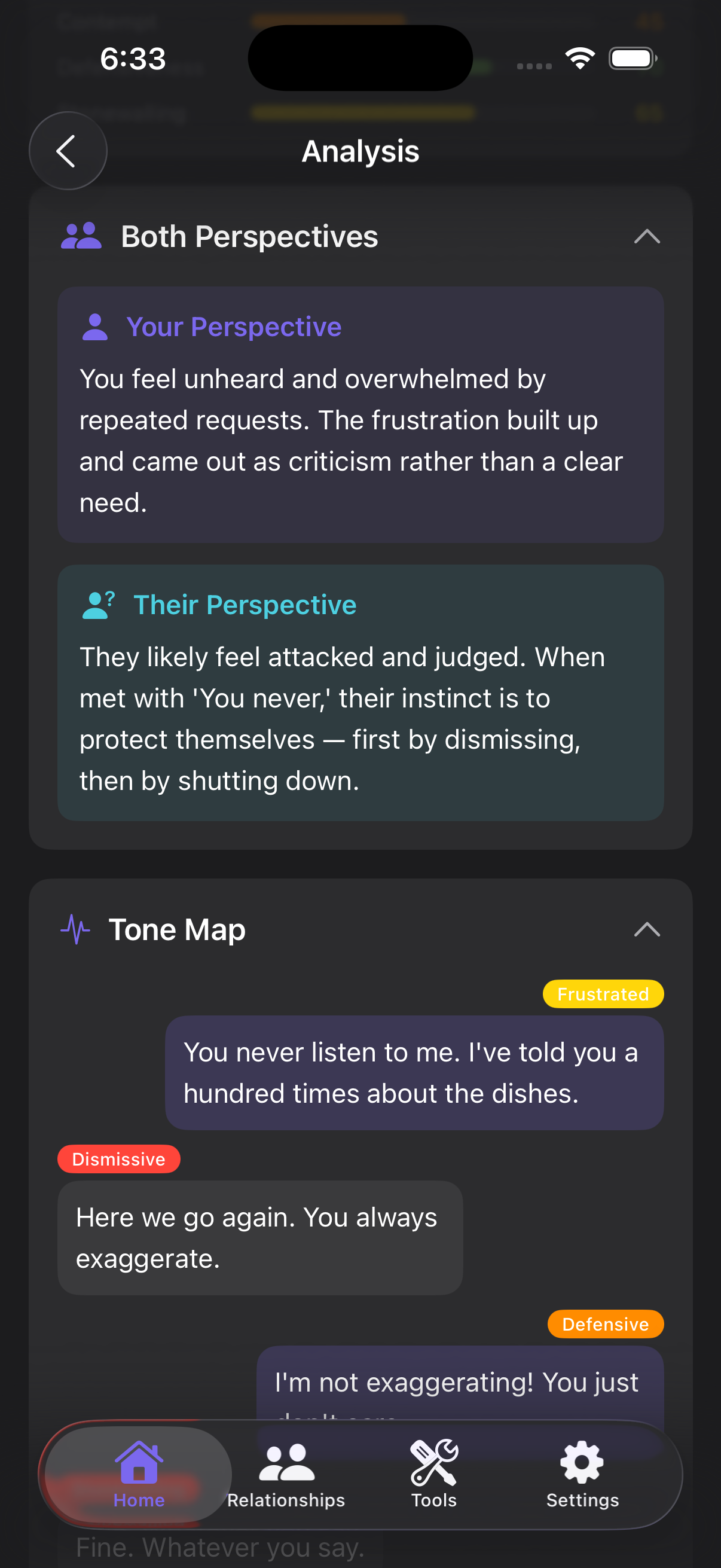 RelAI Tone Map - Message-by-message tone labels and dual perspectives